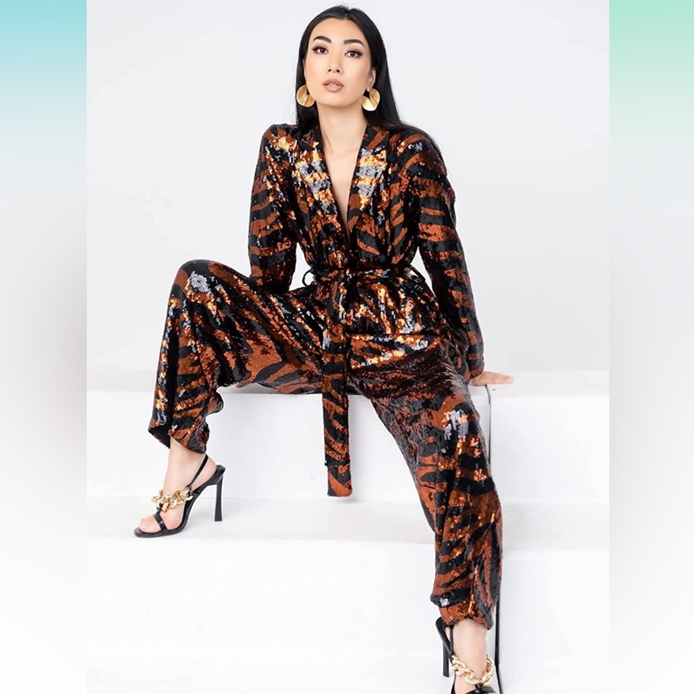 Pantora Sequin Jumpsuit New 🐅 Tiger print Medium orange black (B)